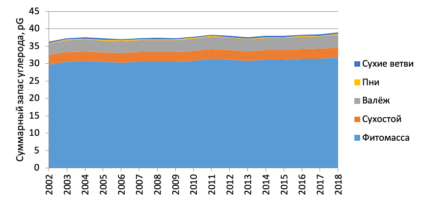 Суммарная масса углерода лесов России по пулам живой биомассы и различных фракций детрита, временной ряд с 2002 по 2018 г